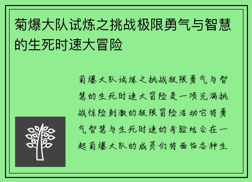 菊爆大队试炼之挑战极限勇气与智慧的生死时速大冒险 菊爆大队试炼之挑战极限勇气与智慧的生死时速大冒险